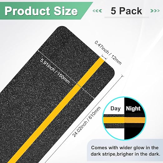 5-Pack Anti Slip Traction Tape 24" x 6" Best Grip Tape Grit with 12mm/0.47" Glow in Dark Stripe High Traction Friction Abrasive Adhesive for Indoor/Outdoor Stairs[Black+Yellow]