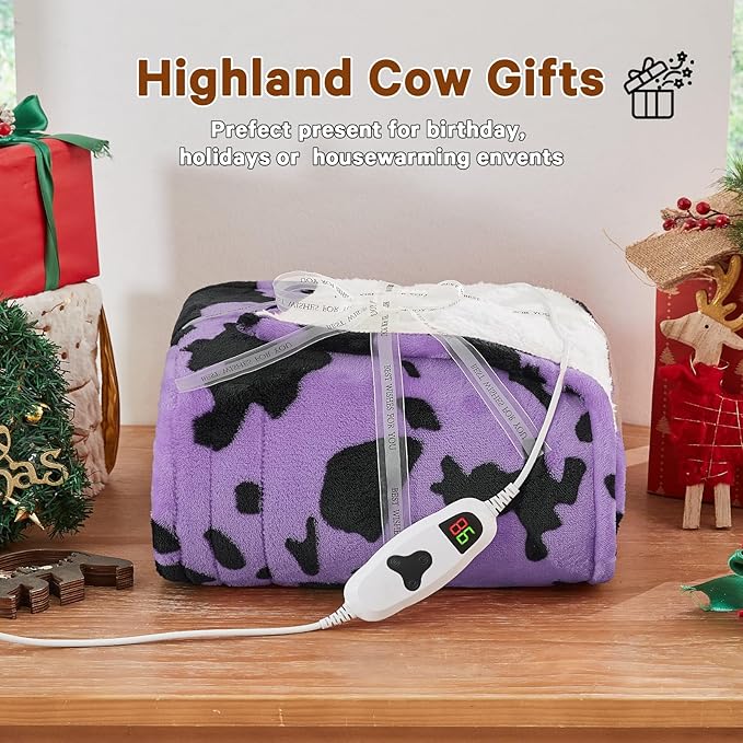 Purple Heated Electric Blanket Throw,50X60 Highland Cow Print Heating Blanket with 10 Heats Levels & 8 Hours Auto Off,Highland Cow Decor Fleece Sherpa Blankets Warmer Gifts for Women Adults Washable