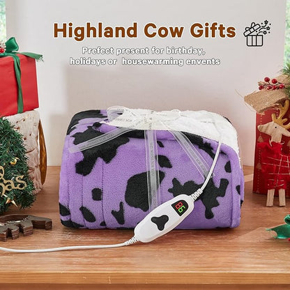 Purple Heated Electric Blanket Throw,50X60 Highland Cow Print Heating Blanket with 10 Heats Levels & 8 Hours Auto Off,Highland Cow Decor Fleece Sherpa Blankets Warmer Gifts for Women Adults Washable