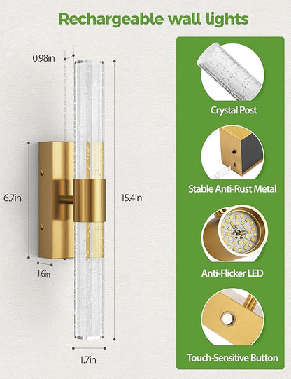 JOFIOS Battery Operated Wall Sconce Set of 2,3CCT,Dimmable,10400mAh,Gold Modern Rechargeable Wall Sconce with Remote,Wireless Wall Lights for Bedroom,Living room,Hallway(15.3 inch)
