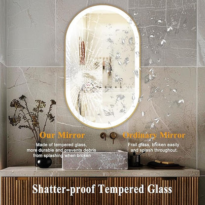 LED Mirror for Bathroom, 24x40 Inch Vanity Mirror with Lights，Anti-Fog Oval Bathroom Mirror, 3 Colors and Stepless Dimmable Wall Mounted Makeup Mirror with Metal Frame