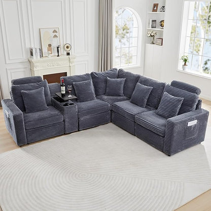 LEVNARY Modular Lift-Top Console with USB Charging and Cup Holders, Center Storage Module for Modular Reclining Sofa (Gray)