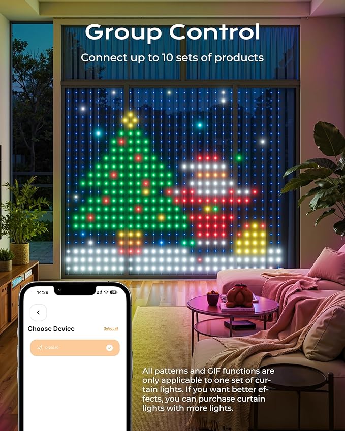 1040 RGBIC LEDs Smart Curtain Lights with DIY GIF, 9.8x6.6ft Color Changing Christmas Wall Lights with APP, IP65 Waterproof String Fairy Lights for Indoor Outdoor Bedroom Window Garage