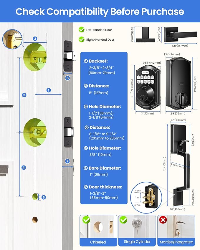 TEEHO TE012W-H WiFi Smart Door Lock with Handle, Fingerprint, Keypad, Key & App Control, Keyless Entry Deadbolt Set, Compatible with Alexa & Google Assistant, Easy Install for Front Door, Matte Black