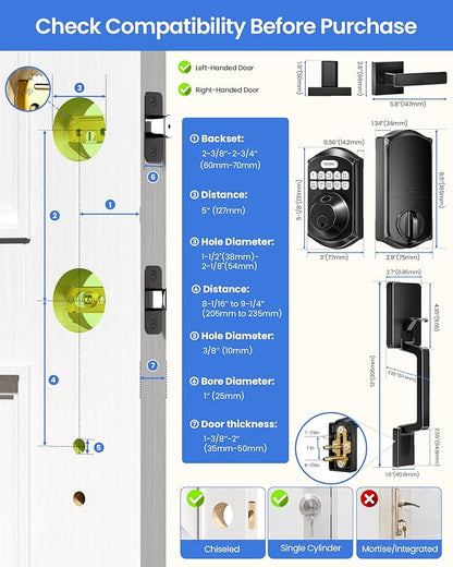 TEEHO TE012W-H WiFi Smart Door Lock with Handle, Fingerprint, Keypad, Key & App Control, Keyless Entry Deadbolt Set, Compatible with Alexa & Google Assistant, Easy Install for Front Door, Matte Black