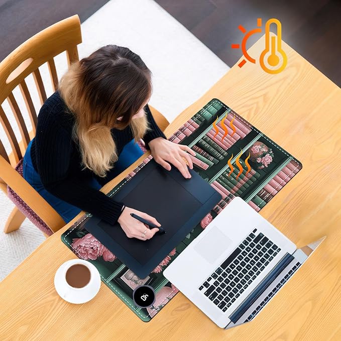 Heated Mouse Pad 23.6 x 14 in 3-Temp Fast Heating Desk Mat with Auto Timer Warmer for Hands Wrist Pain Relief Waterproof Keyboard Mat for Office, Gaming, Home, Vintage Floral Bookshelf