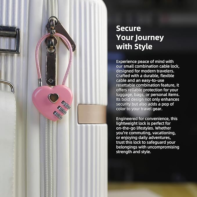 Small Combination Lock for Locker, Cable Lock with Code, Pink Padlock Combination, for Luggage, Suitcase, Gym Locker, Backpack Zipper, Cabinet, Box, Fence Gate, Travel Safe, Outdoor Use