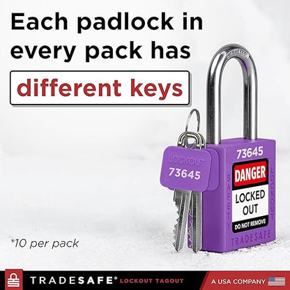 TRADESAFE Lockout Tagout Locks Set - 10 Purple Loto Locks, Lockout Locks Keyed Different, 2 Keys Per Lock, OSHA Compliant Lock Out Tag Out Padlocks, Safety Padlocks for Electrical Lockout Tag Out Kits