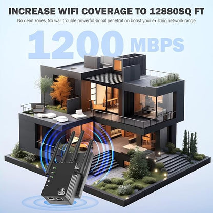 WiFi Extender Signal Booster, Dual-Band 5GHz/2.4GHz 1200Mbps Repeater, Covers Up to 13,888 sq.ft & 150 Devices, Long-Range Internet Booster for Home, Garage, Basement, Outdoor, WPS Easy Setup