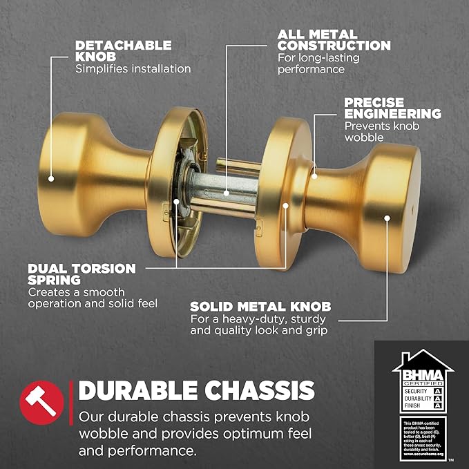 Kwikset Pismo Interior Privacy Door Knob with Lock, Door Handle for Bathroom and Bedroom, Satin Brass, Round, Keyless Turn Lock Doorknob, Microban Protection
