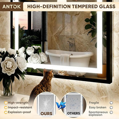 Antok 36X36 LED Bathroom Mirror with Lights, Vanity Mirror for Wall with Black Frame, Touch Control, Anti-Fog, Dimmable Lights, Shatter-Proof, Memory Function, Wall-Mounted Vanity Mirrors