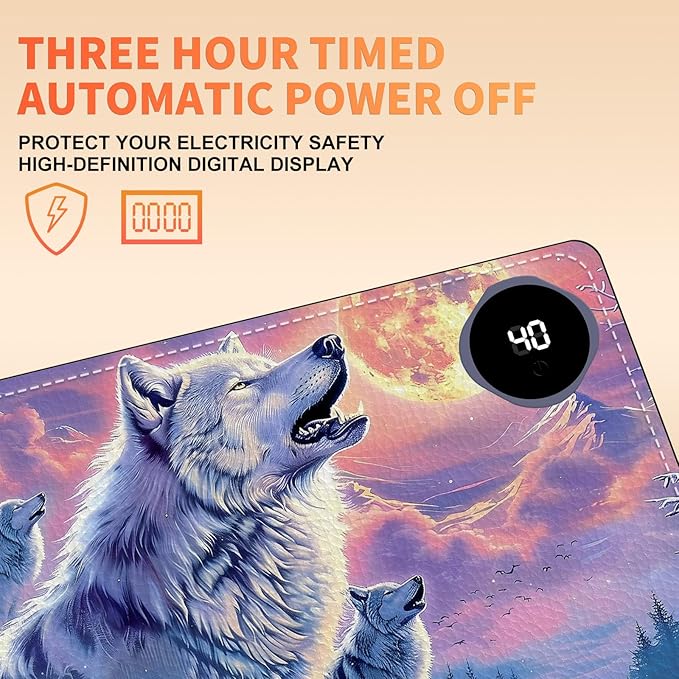 Heated Mouse Pad, Warm Desk Pad, Keyboard Mat 23.6 x 14 Inch Large Size Intelligent Fast Heating, 3 Speed Adjustable, Timed Auto Power Off for Game Office Home, Wolf Howling Under The Moon