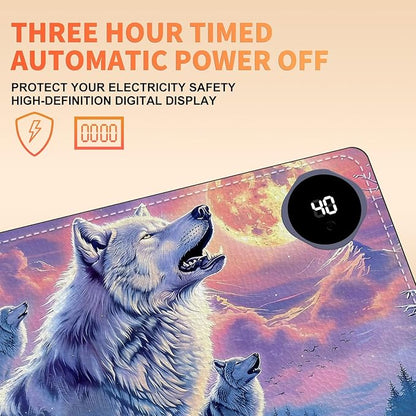 Heated Mouse Pad, Warm Desk Pad, Keyboard Mat 23.6 x 14 Inch Large Size Intelligent Fast Heating, 3 Speed Adjustable, Timed Auto Power Off for Game Office Home, Wolf Howling Under The Moon