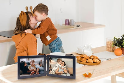 Double 4x6 Horizontal Combo, Black Wood Picture Frame, 3.5x5.5 Opening Foldable Landscape View Photo Frame on Table-top or Wall