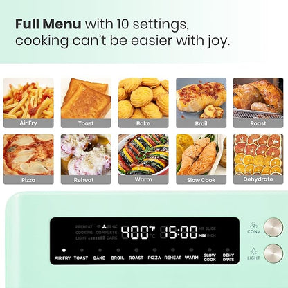 VAL CUCINA Retro Style Infrared Heating Air Fryer Toaster Oven, Extra Large Countertop Convection Oven 10-in-1 Combo, 6-Slice Toast, Enamel Baking Pan Easy Clean with Recipe Book, Green Color