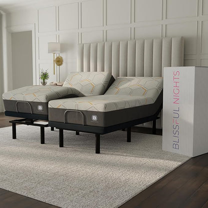 Blissful Nights e4 Cal King Split Adjustable Bed Base Frame with 12" Medium Firm Copper and Gel Infused Memory Foam Mattress