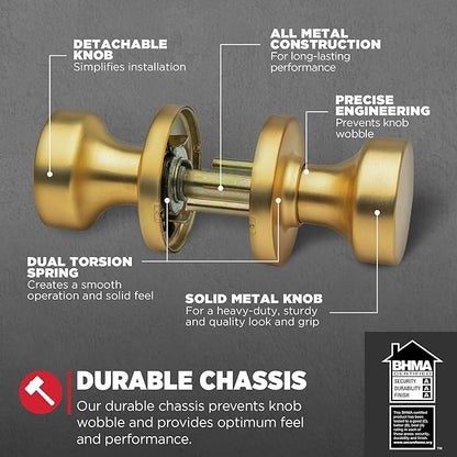Kwikset Pismo Interior Passage Door Knob, Handle for Closet and Hallway Doors, Non-Locking Doorknob, Satin Brass, Round, Microban Protection