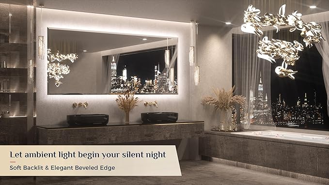 Keonjinn 84 x 36 Inch Oversized Backlit Bathroom Mirror with Lights, Large LED Vanity Mirror for Wall, Frameless Beveled Edge, Tempered Glass, UL-Listed, 3000K/4500K/6500K, Defogging, Dimmable