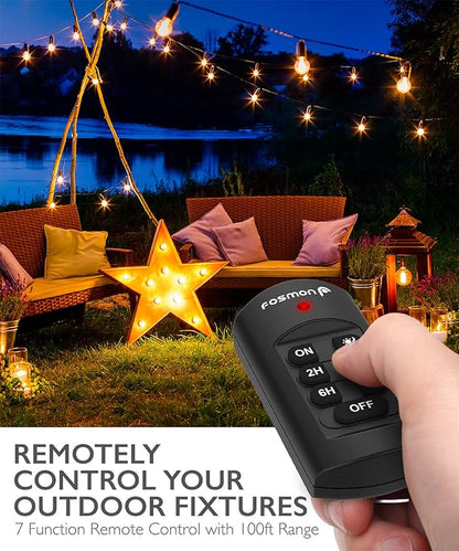 Fosmon Outdoor Light Timer Outlet with Remote Control, Waterproof Dusk to Dawn Plug-in Timer with Wireless Remote for Electrical Outlets, Outside Lighting, 100 ft Range, 15A 1/2HP, Grounded-UL Listed