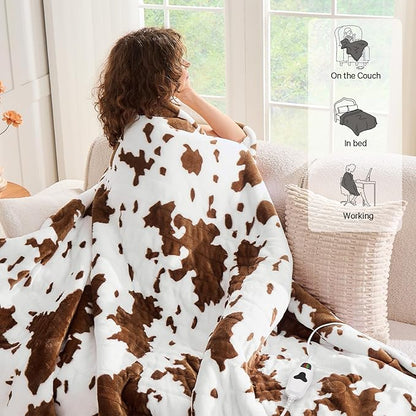 Cow Print Heated Electric Blanket Full Size,72X84 Brown Heating Blanket with 10 Heats Levels & 8 Hours Auto Off,Highland Cow Decor Fleece Sherpa Blankets Warmer Gifts for Women Adults,Washable