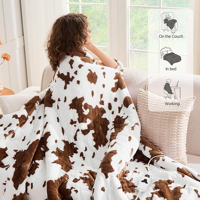 Cow Print Electric Heated Blanket Queen Size,84X90 Brown Heating Blanket Queen With Dual Control&Timer&10 Heat Levels,Highland Cow Decor Fleece Sherpa Blankets Warmer Gifts for Bed Women Adults