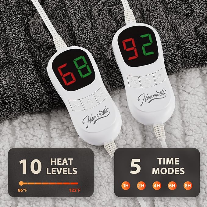 Homemate Electric Heated Blanket Queen - 84"x90" Heating Bed Blankets Throw with 10 Heating Levels 8 Hours Auto Off Fast Heating Over-Heated Protection Ultra Soft Warm Flannel ETL Certified