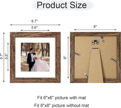 iRahmen 8x8 Picture Frame Set of 4 with HD Glass, Display 6x6 Pictures with Mat or 8 x 8 Without Mat, Rustic Wood Photo Frame for Wall Mount and Tabletop Display