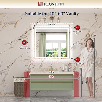 Keonjinn 40" x 36" LED Mirror for Bathroom, Frontlit & Backlit Bathroom Mirror with Lights, HD Tempered Glass, Fast Defogging, 3 Color Lights, Dimmable, Memory Function, Vertically/Horizontally