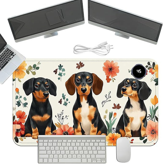 Heated Mouse Pad with 3 Temperature Settings(104°F–122°F),Large 24x14.2 Inch PU Leather Heated Desk Mat,Waterproof Warming Pad for Office,Gaming & Cold Hands Relief,Dogs and Flowers