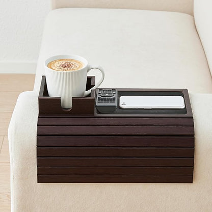 Bamboo Couch Cup Holder, Foldable Sofa Arm Tray, Anti-Slip Couch Aremrest Tray Table for Drink, Cup, Remote, Snacks, Cellphone, Portable, Mahogany