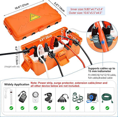 Hrensaw Medium Outdoor Electrical Box(10.6x5.5x4.5inch),Weatherproof Connection Box w/6 Cable Entry,IP54 Waterproof Extension Cord Cover Protect Power Strip,Timer,Plug,Holiday Lights,Orange