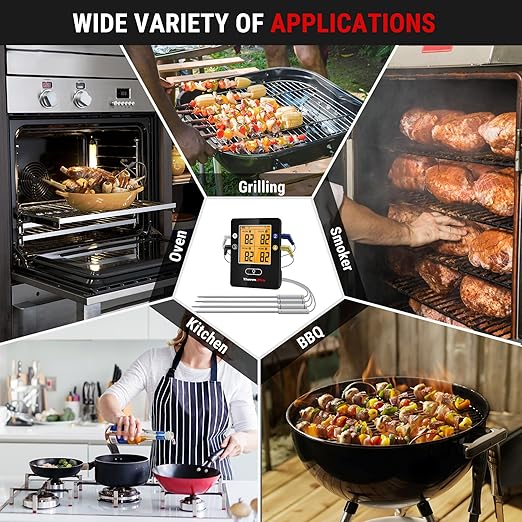ThermoPro TP25 650FT Bluetooth Meat Thermometer with 4-Probes, Smart Rechargeable Wireless Meat Thermometer for Grilling, Smoker, Oven, Kitchen, BBQ Thermometer with Alarm, Temperature Graph, Black