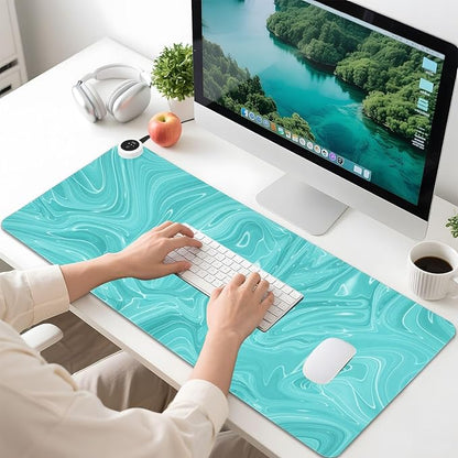 Heated Desk Pad Mouse Pad 31.5x13 Inch PU Leather Desk Mat with 3 Heat Levels Large Mouse Gaming Computer Laptop Mat Teal Fluid
