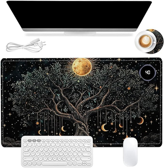 Heated Mouse Pad 23.6 x 14 in 3-Temp Fast Heating Desk Mat with Auto Timer Warmer for Hands Wrist Pain Relief Waterproof Keyboard Mat for Office, Gaming, Home, Moonlit Tree Art