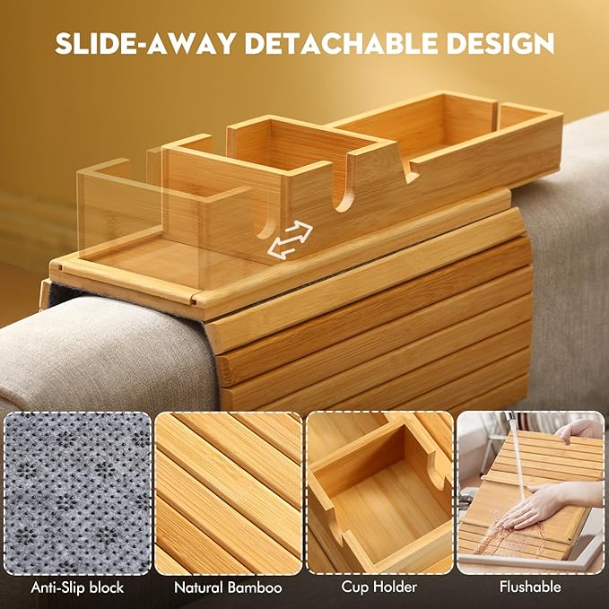 Bamboo Couch Arm Tray with Detachable Cup Holder, 2 in 1 Foldable Anti-Falling Design for Cups, Snacks, Remote, Cellphone
