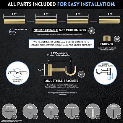 BlastHome® Non-Adjustable Luxury Extra Long Curtain Rod, 1 ¼” Rod Set, 16 foot Fixed Length (Four Rods Connect for a Seamless Look), Brushed Gold