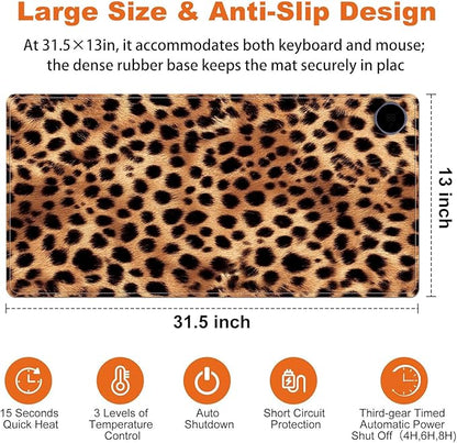 Heated Mouse Pad for Desk 31.5" x 13" – PU Leather Warm Desk Pad with 3 Heat Levels (104°F/113°F/122°F), Plug-in Electric Heating Mat with Auto Shut-Off, Waterproof & Rollable, Leopard Print