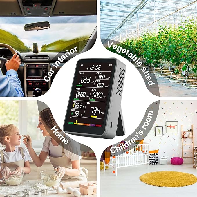 Professional Indoor Air Quality Monitor with AQI Beep Alarms, Portable Real-Time Detector for Home Cars Plants and Pets (Gray)