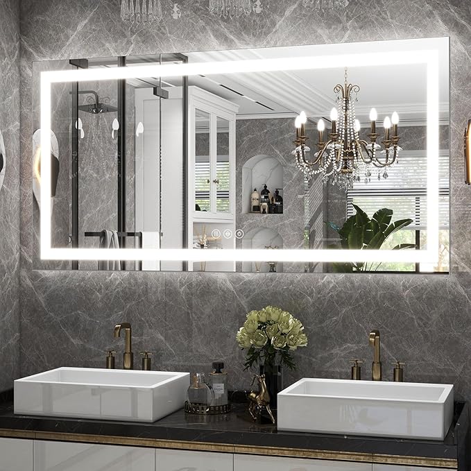 LED Bathroom Mirror, 30x55 Inch White Framed Gradient Front and Backlit Vanity Mirror, Anti-Fog, Dimmable, Wall Mounted Horizontal/Vertical Lighted Mirror