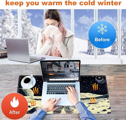 Heated Mouse Pad for Desk 31.5" x 13" – PU Leather Warm Desk Pad with 3 Heat Levels (104°F/113°F/122°F), Plug-in Electric Heating Mat with Auto Shut-Off, Waterproof & Rollable, Astronaut on Moon