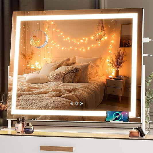 Hasipu Vanity Mirror with Lights, 25.6" x 21.3" LED Makeup Mirror, Light up Mirror with 10X Magnification and Phone Holder, USB Charging Port, Smart Touch 3 Colors Dimmable, 360° Rotation (White)