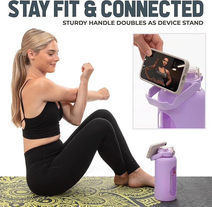 64 oz Glass Water Bottle – Lavender | Leakproof Half Gallon Glass Jug with Straw, Silicone Sleeve & Time Marker – Travel, Gym, Pregnancy, Daily Water Goals
