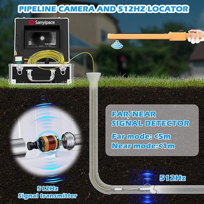 Sanyipace Sewer Camera with Locator 65 FT/20 M, Drain Pipe Inspection Camera with Detector, Waterproof Cámara Probe w/h 512Hz Transmitter, Distance Counter, 9" Color Screen, 16GB TF Card, 5mm Cable