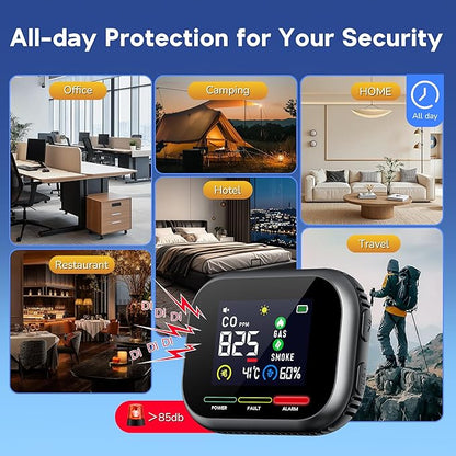 6 in 1 Carbon Monoxide Detectors Plug in, Natural Gas Detector & Carbon Monoxide Detector & Battery Backup, HD Digital Display Monitors CO, Gas, Temp, Humidity, Smoke Alarm for Travel Home, RV