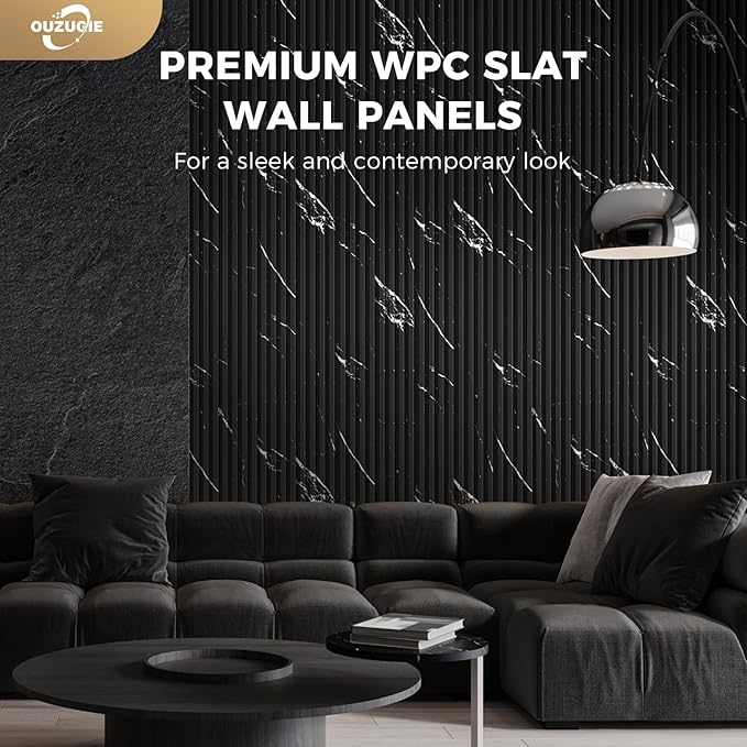 OUZUGIE WPC Acoustic Slat Wall Paneling, 8-Pack 114 x 6 Inches 3D Wall Panels for Interior Wall Decor,Living Room,TV Background,Study Room,Office Spaces,Bedroom,High Grille (Black Marble-1)