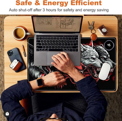 Small Heated Desk Pad 23.6" x 14.2" – Compact Electric Mouse Pad with 3 Heating Levels, Auto Shut-Off, Waterproof PU Surface, Plug-in Warmer for Office or Home Use, Four Wolves