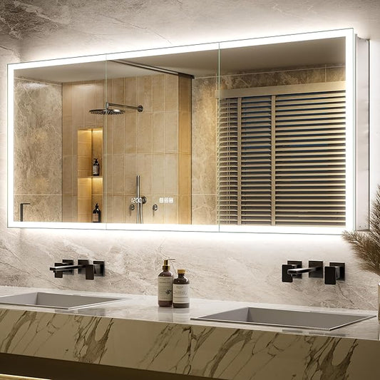 72x30 LED Medicine Cabinet Mirror with Double Lights-Front & Backlit, 155°Soft-close Hinge, Surface or Recessed Dimmable Lighted Medicine Cabinet Mirror with Clock Outlet Inner Light,Anti-fog