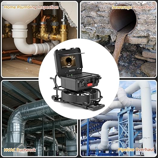 Sanyipace Trolley Sewer Camera 100FT/30M with Self-Leveling, Retractable Handle, Equipped 512Hz Transmitter, Distance Counter, Microphone Speaker Keyboard, 10" Color Screen, 7mm Cable