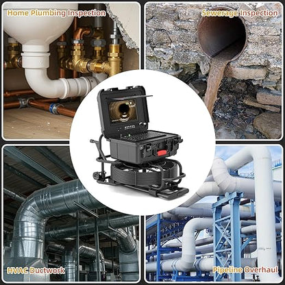 Sanyipace Trolley Sewer Camera 100FT/30M with Self-Leveling, Retractable Handle, Equipped 512Hz Transmitter, Distance Counter, Microphone Speaker Keyboard, 10" Color Screen, 7mm Cable