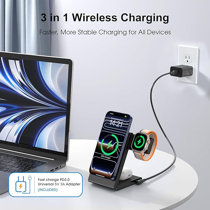 3-in-1 Wireless Charging Station, Standard 20W Fast Magnetic Foldable Magsafe Charger Stand for iPhone 17 16 15 14 13 Series, Travel Charger for iWatch 11/10/Ultra 2/AirPods 4 Series(Adapter Included)